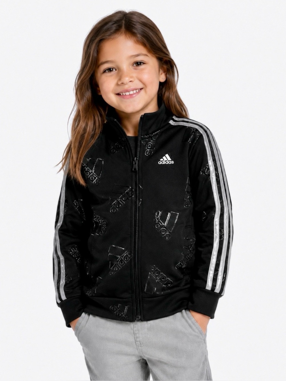 Adidas Girls Black Silver Metallic Allover Logo Track Jacket Size 6X Full Zip